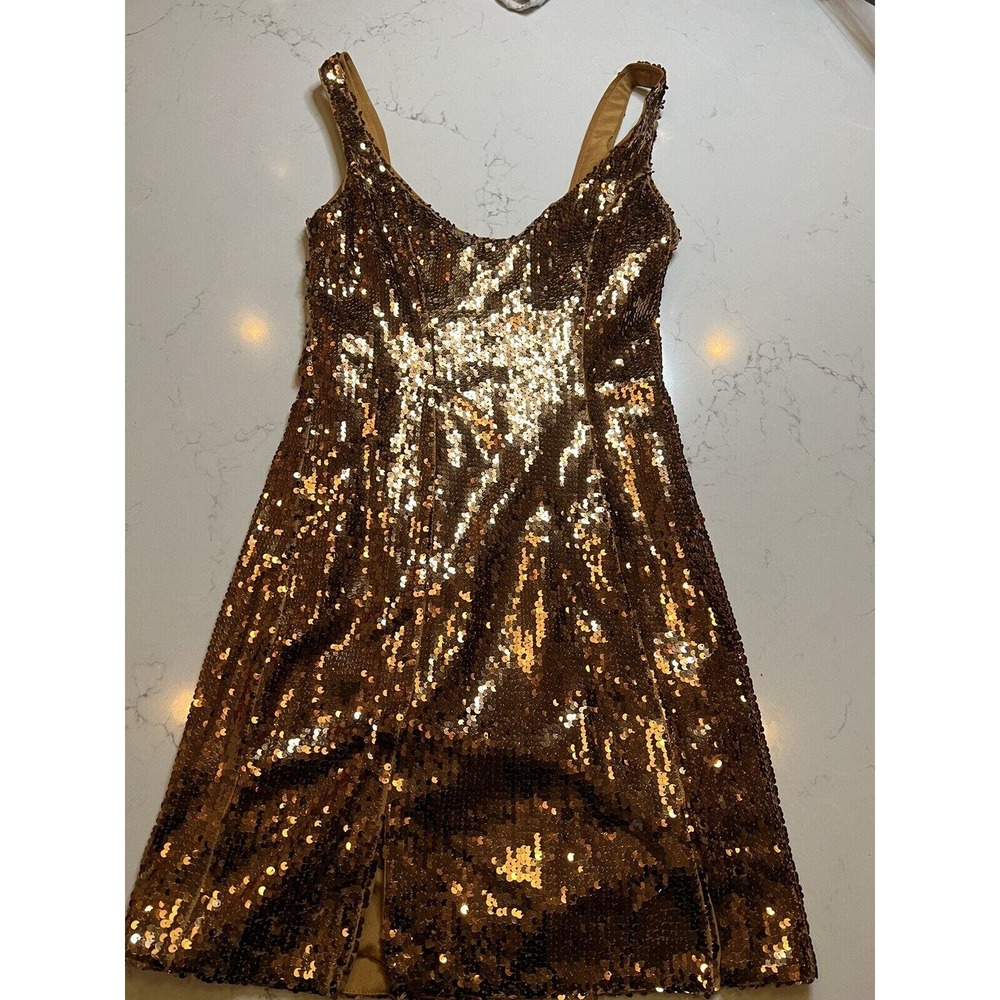 Asos Design Mini Dress Womens Size 0 Gold Bronze Sequin Sleeveless Scoop Neck